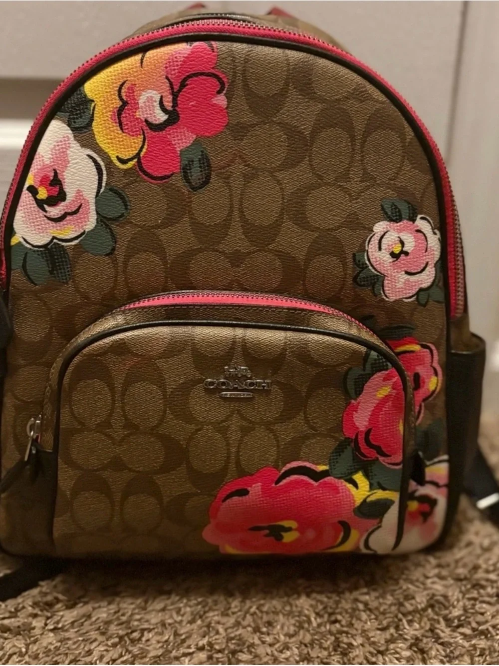 Coach Brown Signature Mini Backpack with Pink Floral Accents